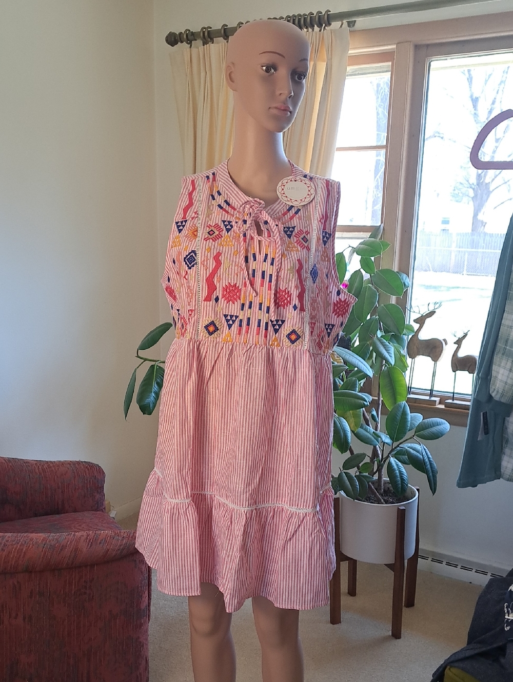 Umgee Pink Striped Embroidered Sundress with Multicolor Accents M Ptp 21"